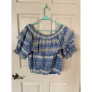 Love Sam Eyelet Off Shoulder Top Ruffle Blue White Blouse Small embroidered q2